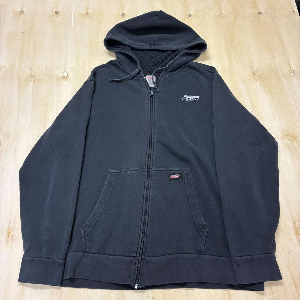 Dickies Hoodie Mens XL Black Fleece Full Zip Workwear Pockets Logo Sweatshirt